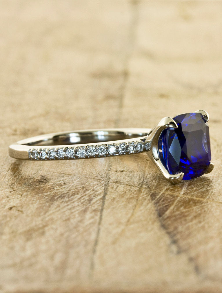 cushion cut cultured blue sapphire ring, diamond band 