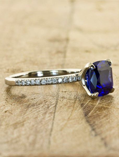 cushion cut cultured blue sapphire ring, diamond band 