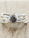 caption:Shown with 0.9ct round grey diamond, stacked with Selene wedding band