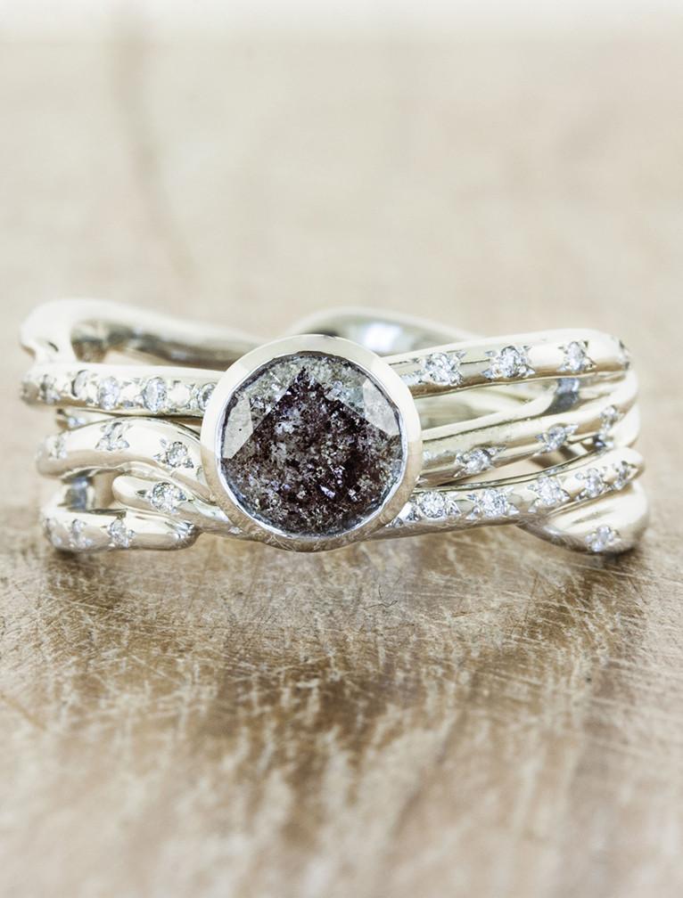 caption:Shown with 0.9ct round grey diamond, stacked with Selene wedding band