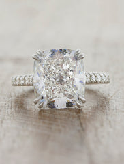 cushion cut diamond solitaire engagement ring, diamond band;caption:5.00ct. Cushion Cut Diamond Platinum