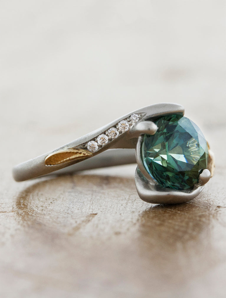 unique green sapphire solitaire engagement ring, asymmetrical 