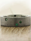 unique men's dark metal wedding ring, gemstone accents