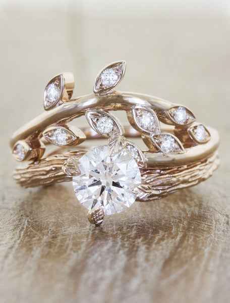 sculptural floral, diamond wedding band - paired with diamond solitaire