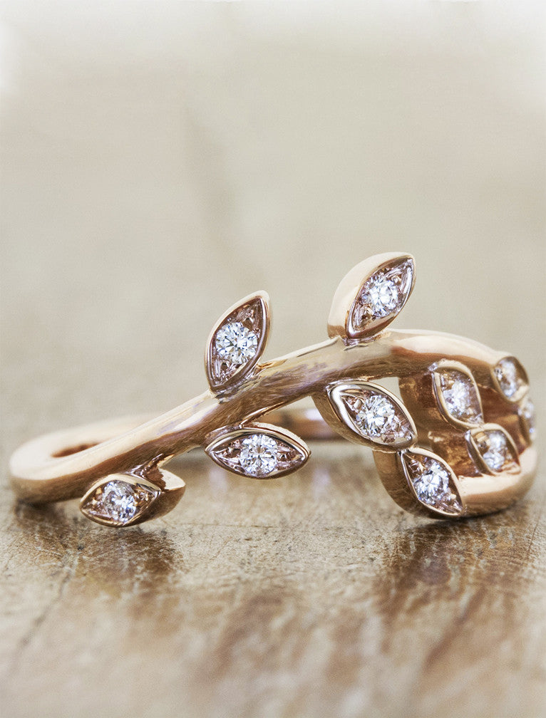 sculptural floral & leaf, diamond wedding band 