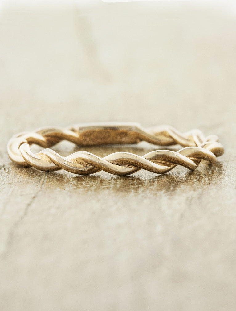 twisted rope wedding band - yellow gold. caption: Lovelace in 14k rose gold, plain band option