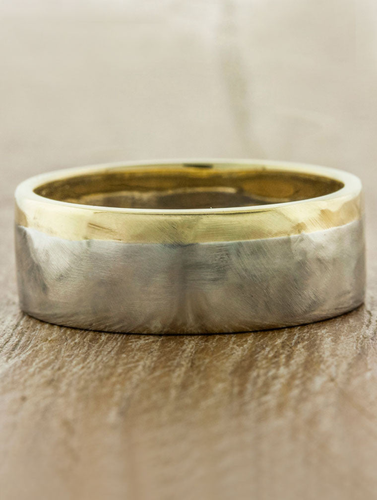 8mm textured mixed metal men's wedding band; caption:Shown in 14k yellow gold & platinum