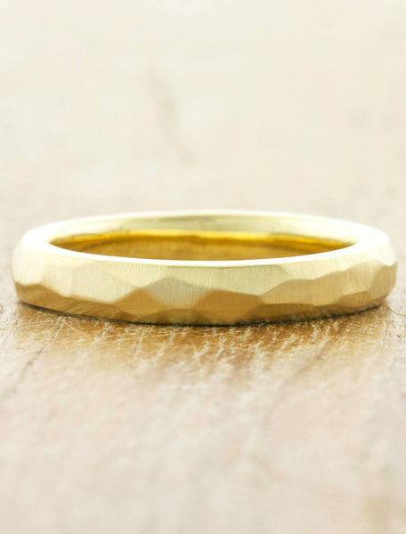 women's multi faceted wedding band - yellow gold. caption:Shown in 4mm width, 18k yellow gold, satin brush