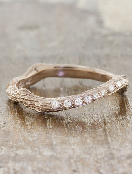 rose gold bark textured wedding ring with diamonds