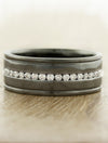 8mm dark platinum men's wedding band with diamonds. caption:Shown with black rhodium plating