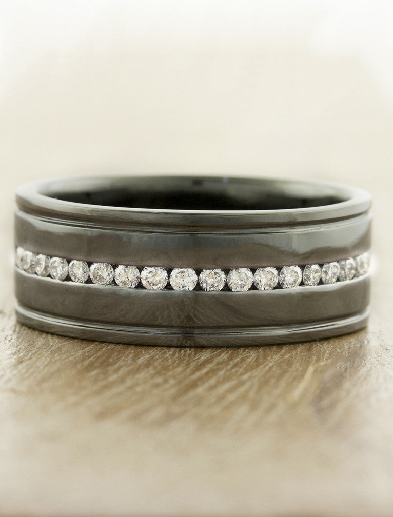 8mm dark platinum men's wedding band with diamonds. caption:Shown with black rhodium plating