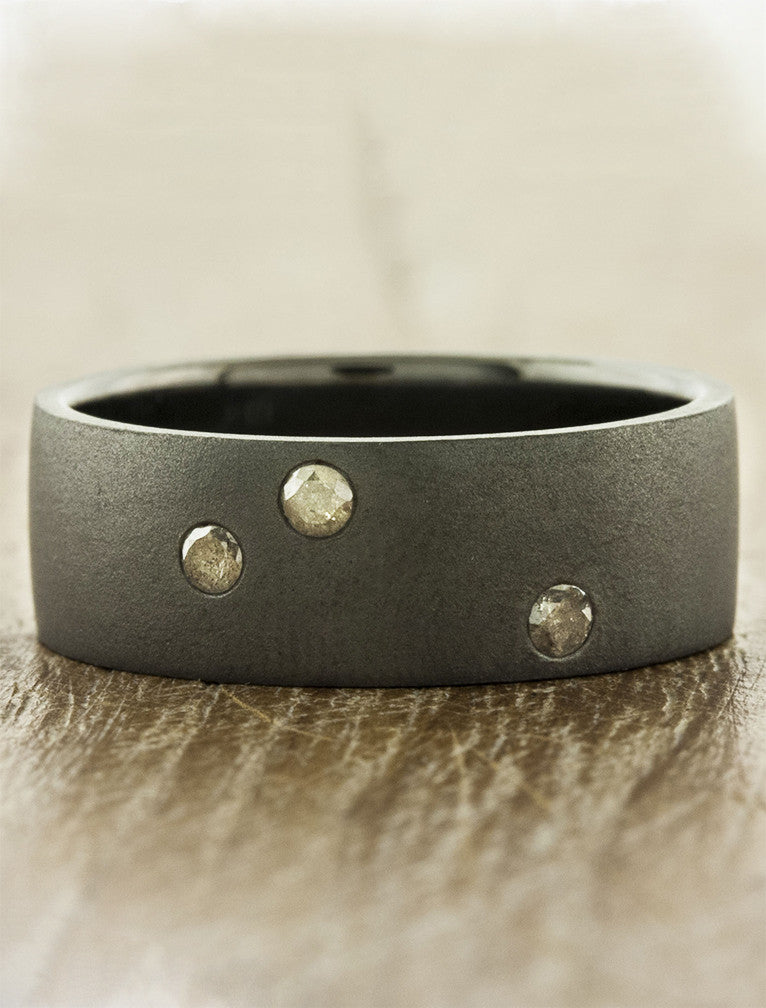 unique men's dark metal wedding ring, diamond accents