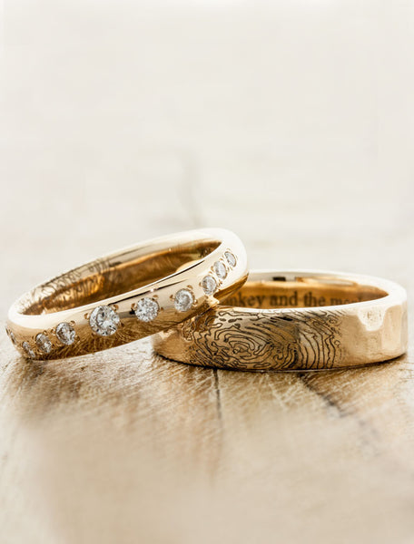 his & her matching custom wedding rings - fingerprint. caption:Shown with Lili matching wedding band 