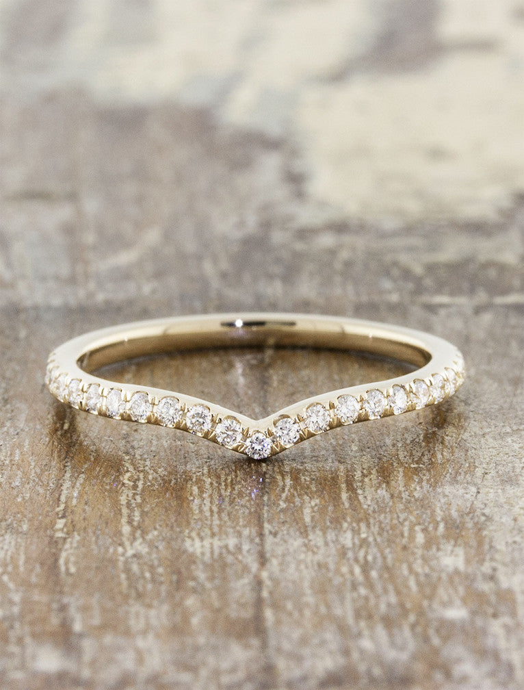 v-shaped chevron wedding band. caption:Shown with diamonds, 14k yellow gold