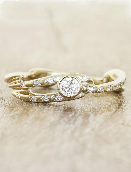 Nature inspired engagement ring;caption:Pictured in 14k Yellow Gold