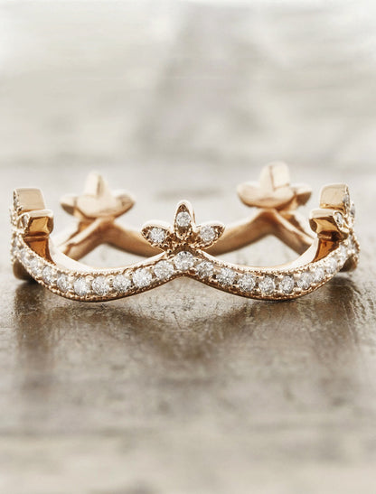 crown wedding band in rose gold studded with diamonds