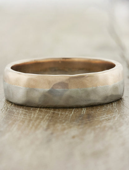 textured mixed metal wedding band; caption:Customized in 5mm width in 14k rose gold & platinum