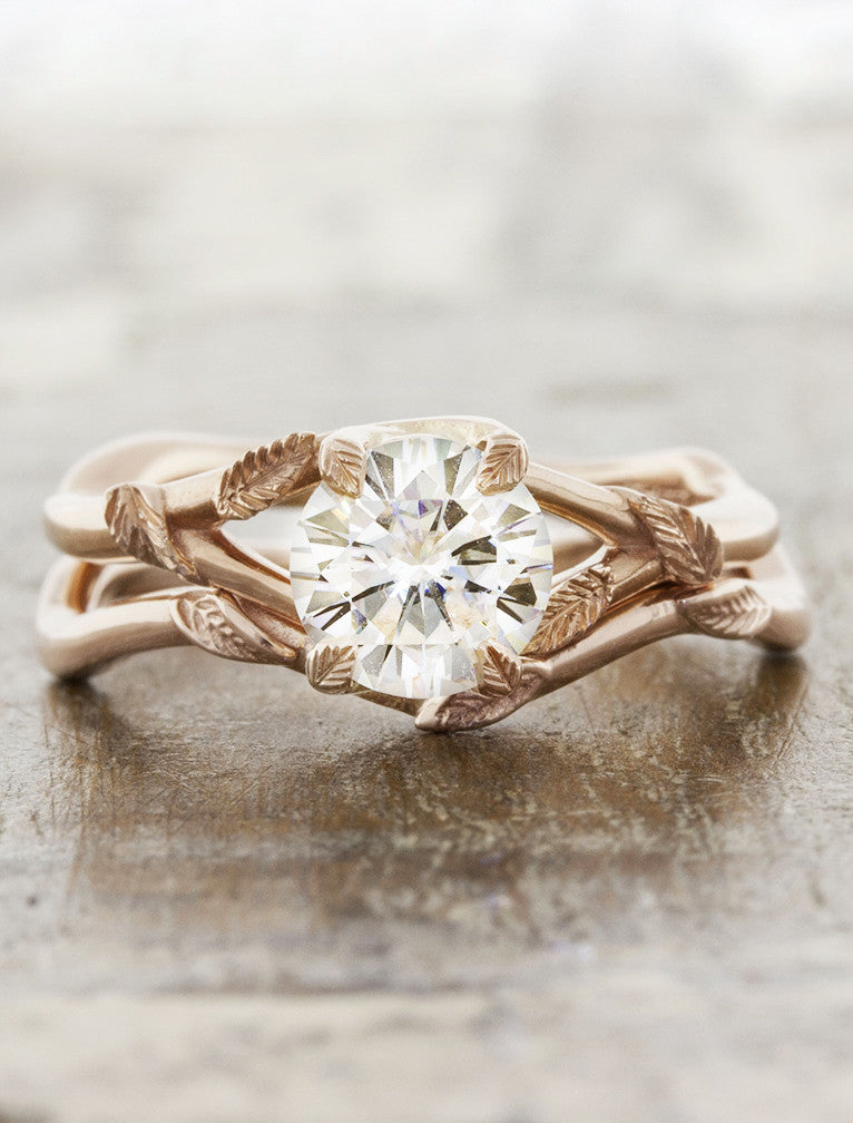leaf prong organic shaped diamond engagement ring, rose gold;caption:1.00ct. Round Diamond 14k Rose Gold paired with Winter Leaves wedding band