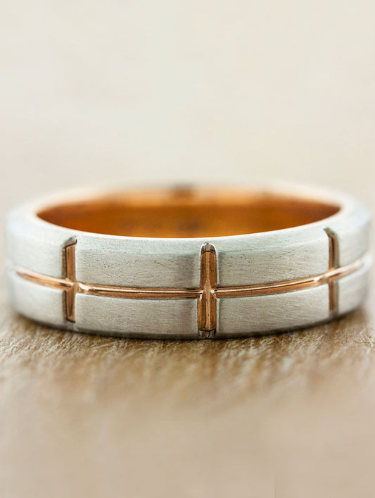 segmented grid design mens wedding band - matte finish