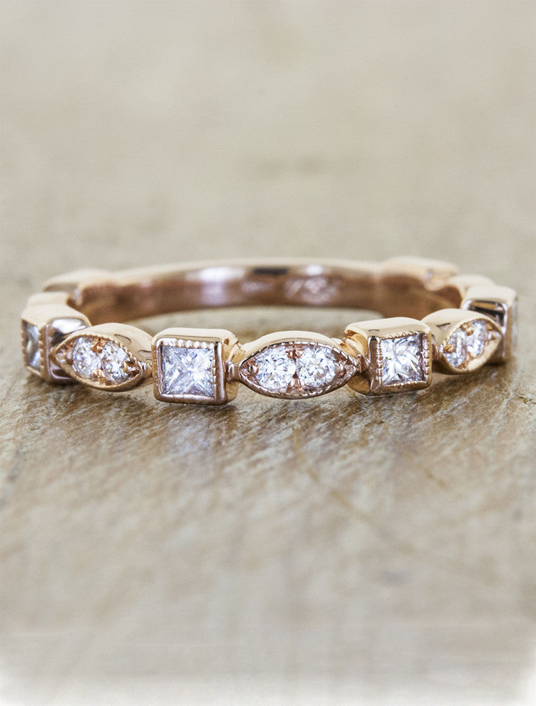 geometric vintage-inspired diamond wedding band, rose gold
