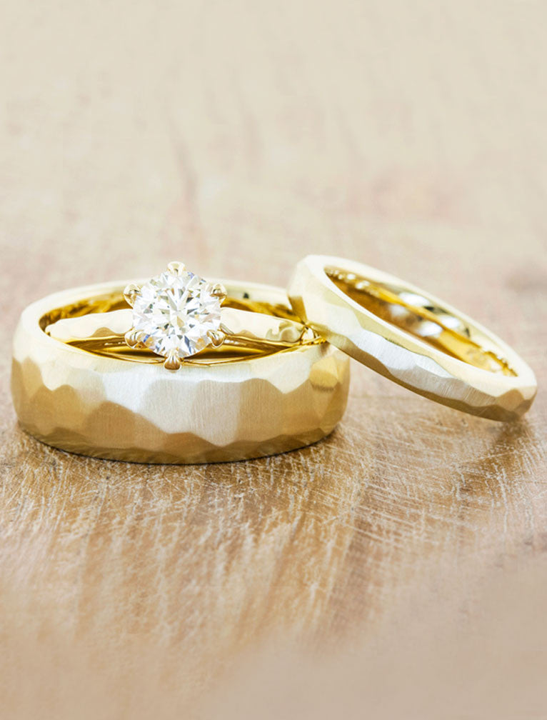 caption:Shown in 8 & 4mm width, with Rose engagement ring.  14k yellow gold, satin brush