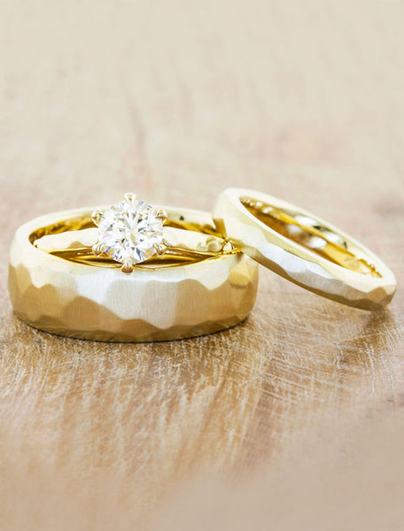 his & hers multi faceted matching wedding band set - yellow gold. caption:Shown in 8 & 4mm width, with Rose engagement ring.  14k yellow gold, satin brush