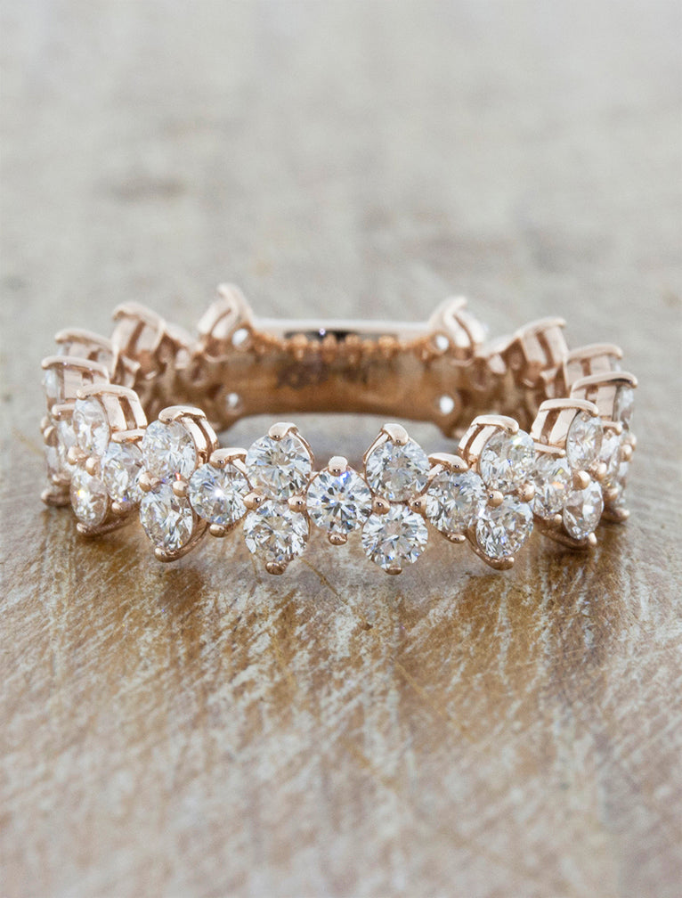 intricate floral diamond eternity band - rose gold with 3/4 diamonds caption:Shown in rose gold; 3/4 way diamond coverage option