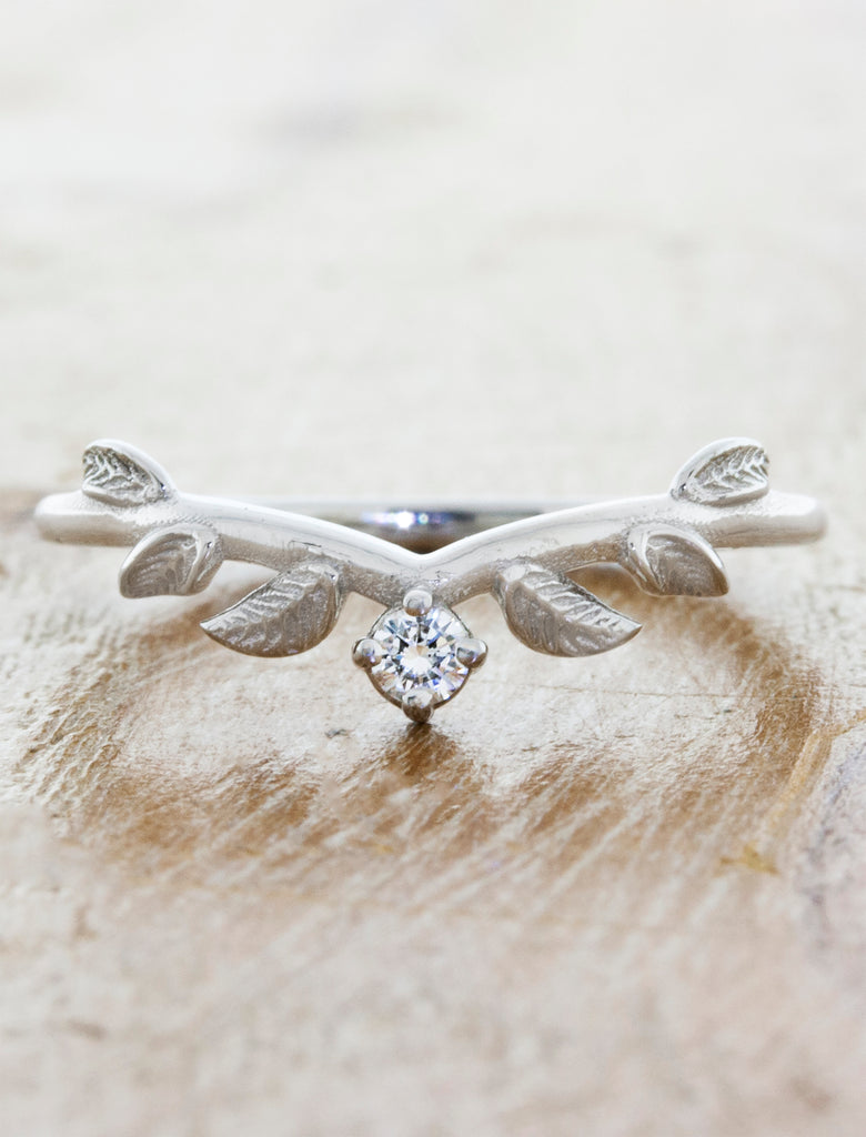 Nature Inspired Wedding Ring with Leaf Details caption:Adelixa Platinum
