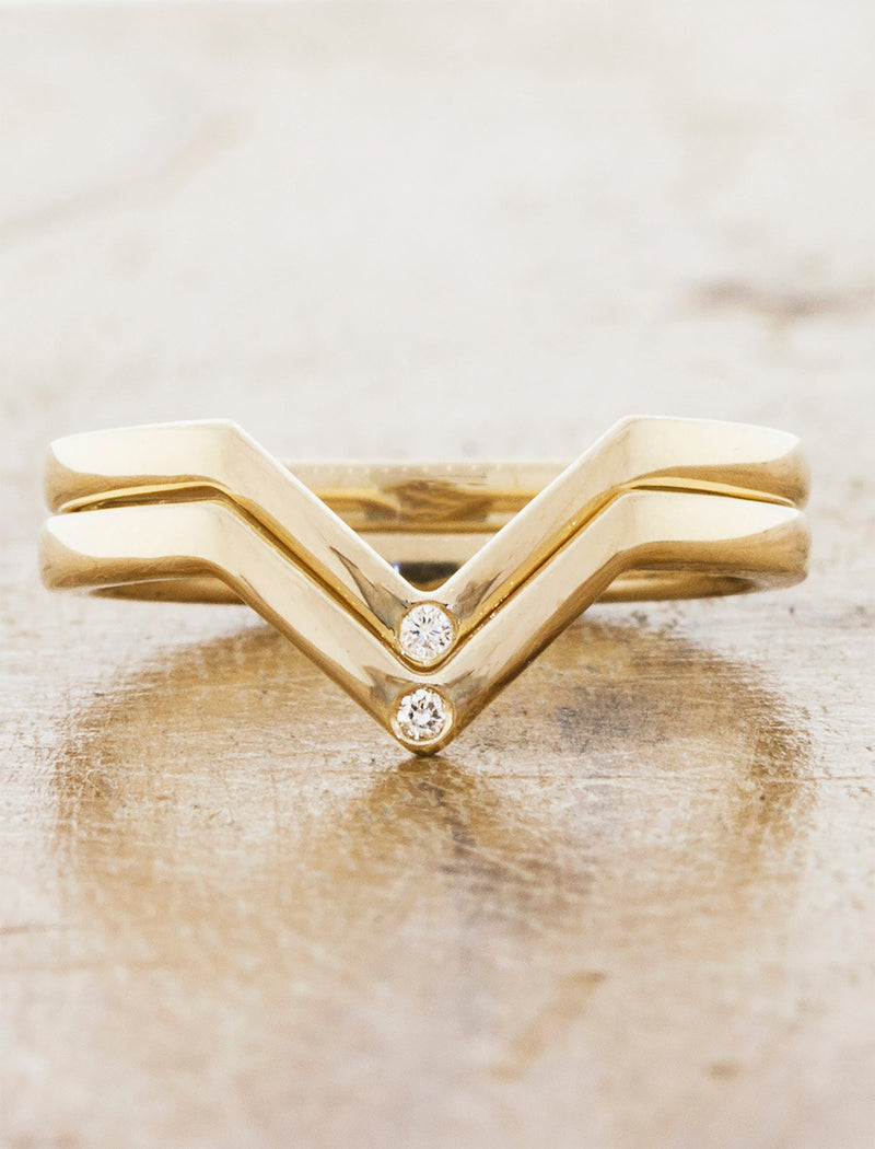 caption:Custom double Marie wedding band with diamond accents in yellow gold