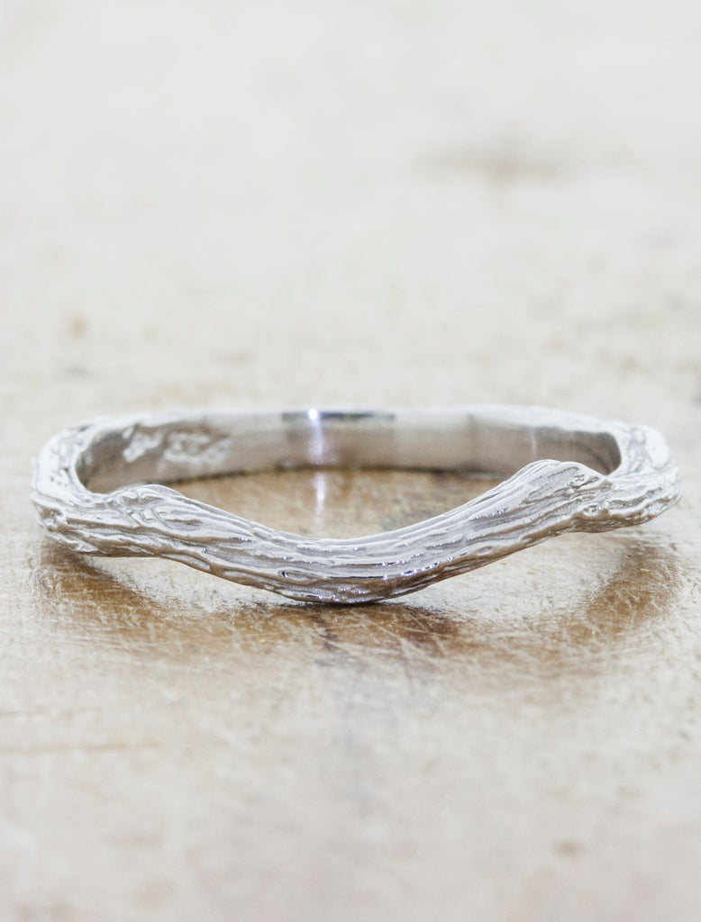 Nature inspired curved bark textured wedding band