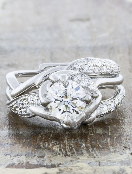 Nature inspired engagement ring - Sundara caption:Sundara 1.00ct. Round Diamond 14k White Gold paired with London wedding band