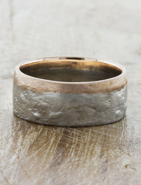men's 8mm textured mixed metal wedding band. caption:Customized with the Jupiter texture, shown in platinum and 14k rose gold
