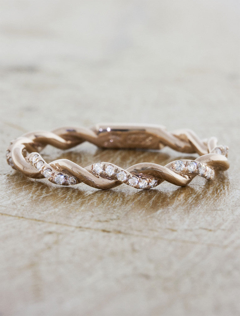 twisted rope wedding band - rose gold with diamonds. caption:Customized with diamonds on every other rope. 14k rose gold.