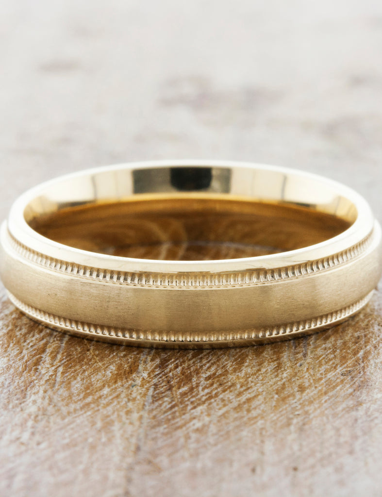 comfort fit mens wedding band with subtle details - yellow gold